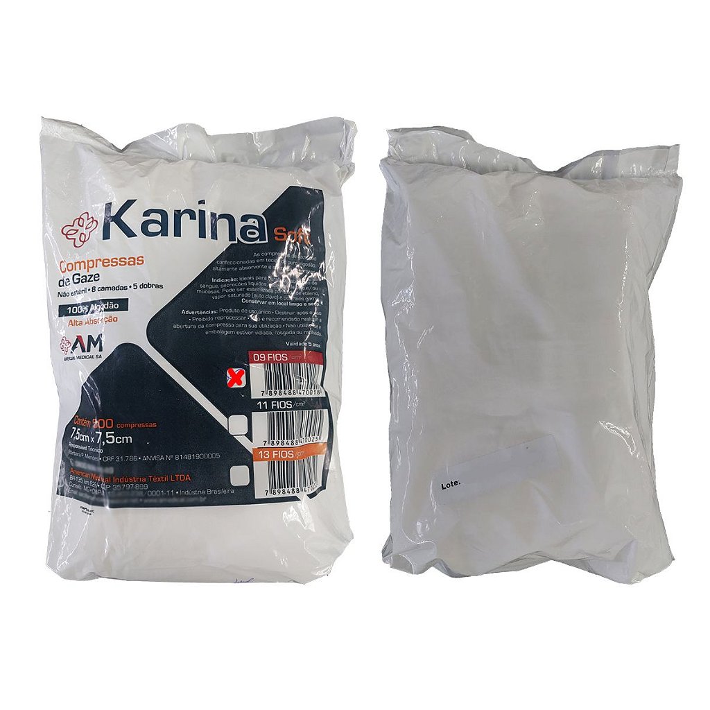 Compressa de Gaze 09fios (7,5cm x 7,5cm) Pct c/ 500und - Karina
