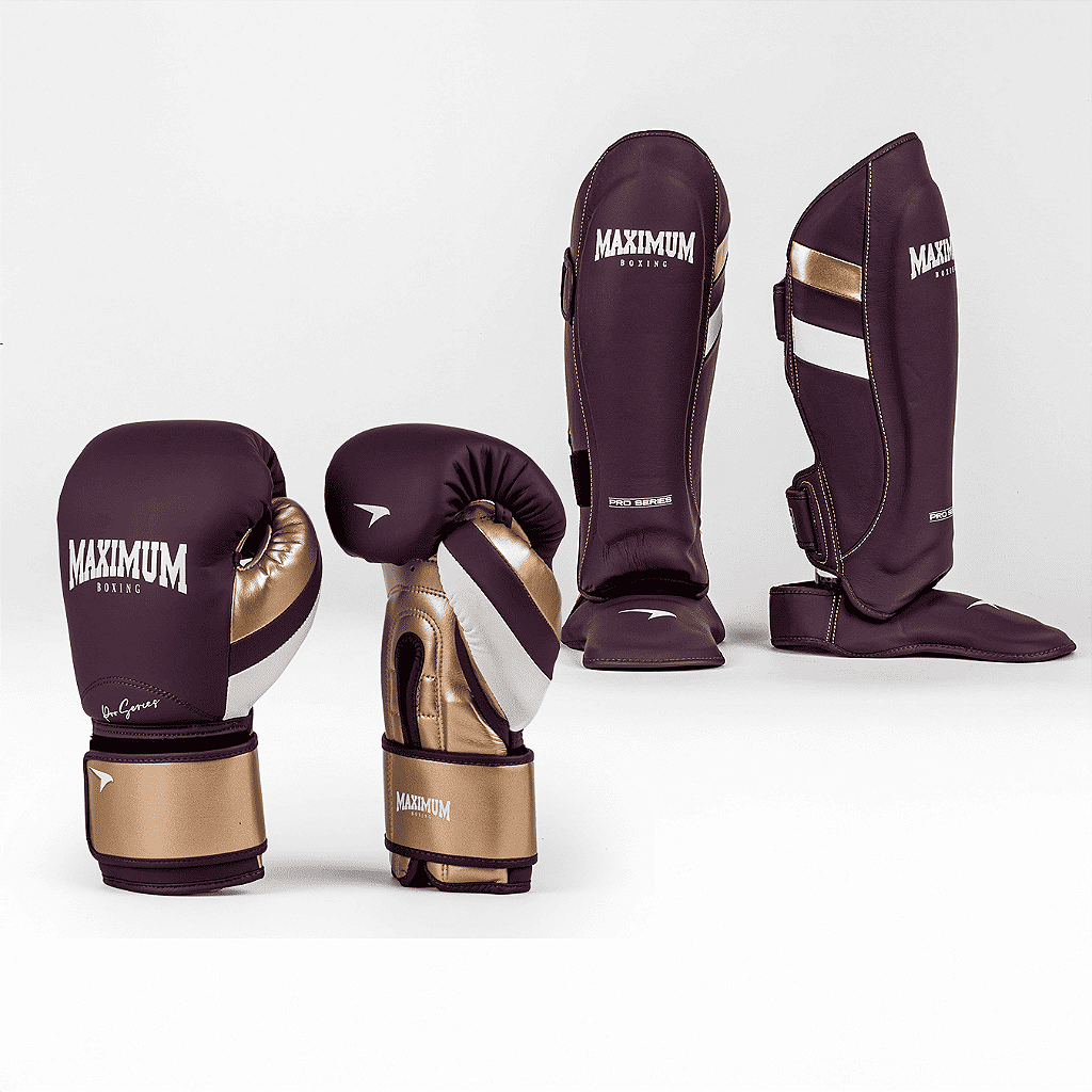 Kit Luva e Caneleira Muay Thai Roxa com Dourado - Luvas de Boxe