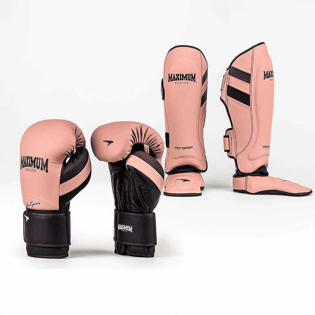 Kit Luva e Caneleira Muay Thai Bege com Roxo Profissional - Luvas