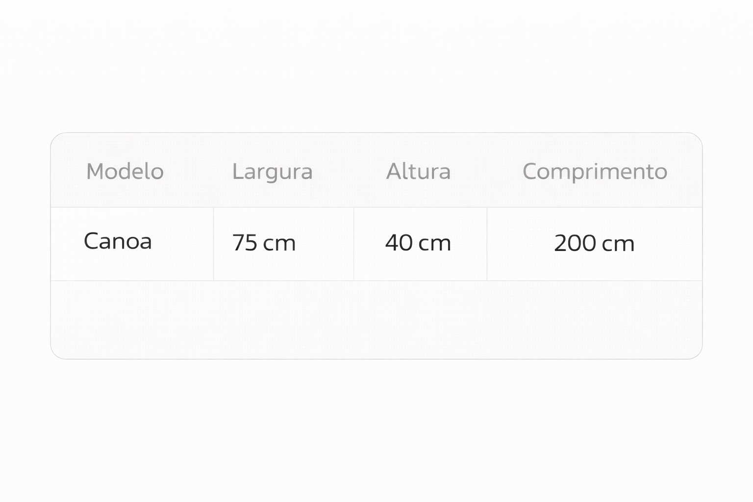 Tabela de medidas da Mesa de Centro Canoa
