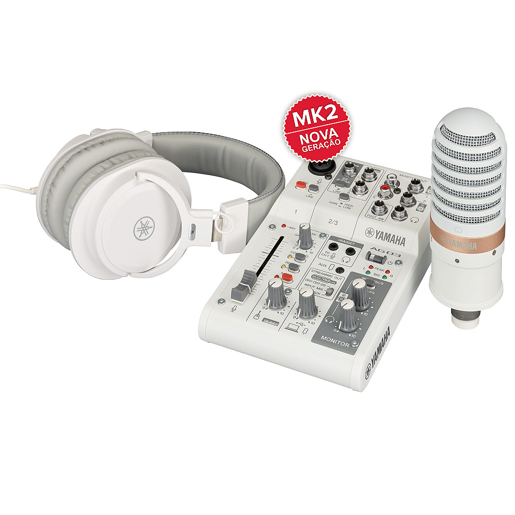 AG03MK2 LSPK YAMAHA BRANCA Kit Mesa Interface Mic Fone de Ouvido