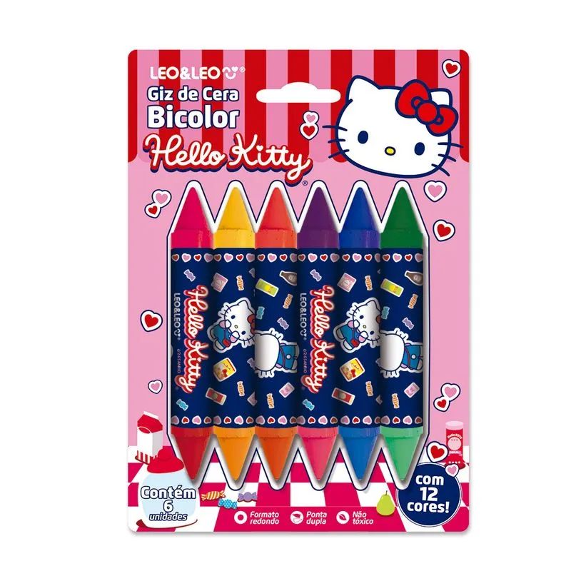 GIZ DE CERA BIG BICOLOR HELLO KITTY 12 CORES - LEONORA - WENCEL