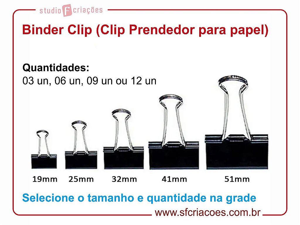 Pct c/ 06 Binder Clip 25mm - Cores Metalicas - Encadernação Mania