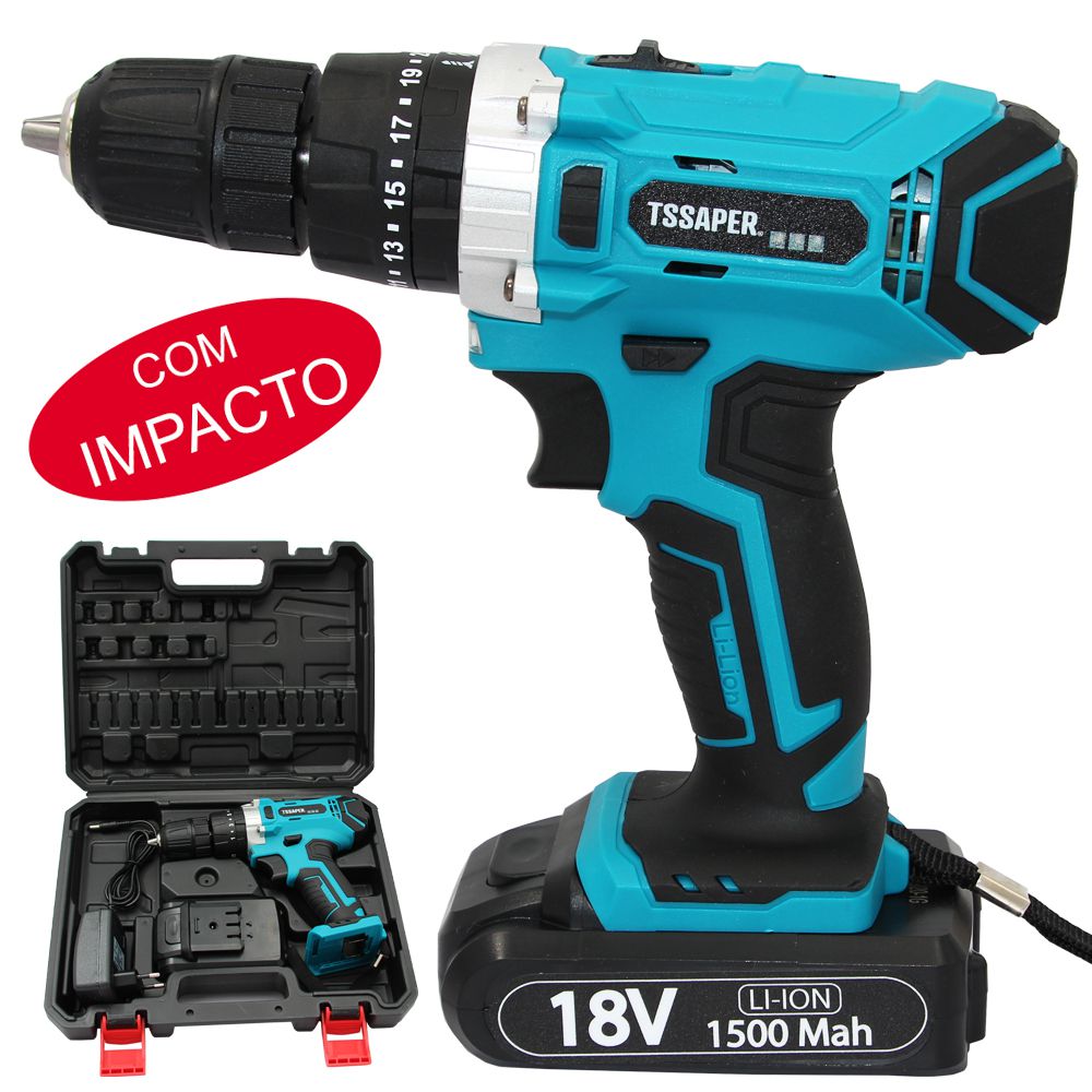 Furadeira Parafusadeira com impacto 3/8 Bateria 18v Com Acessórios