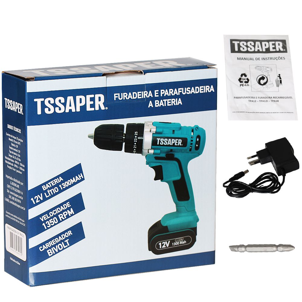Furadeira Parafusadeira 3/8 Com Bateria 12v Tssaper Bivolt TPA12-3