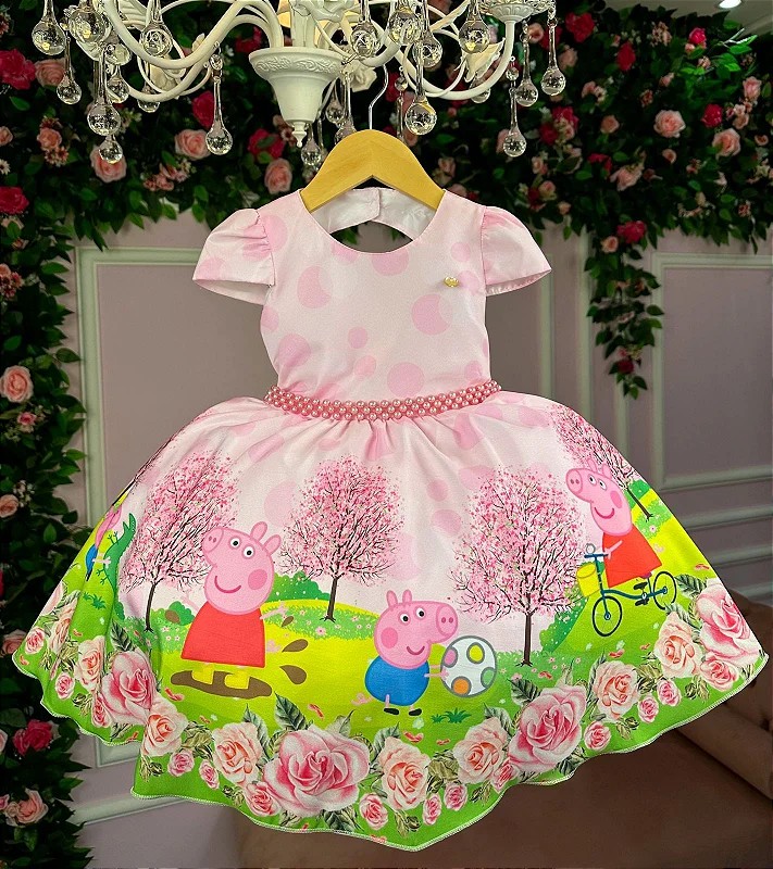 Vestido Infantil Peppa Pig Rosa Flores Luxo