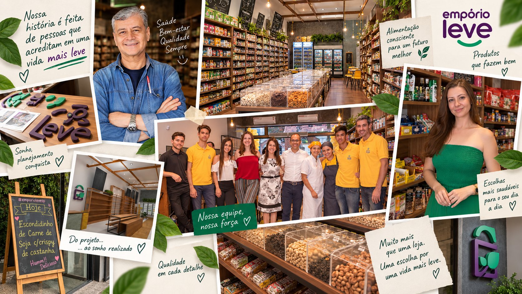 A família e a equipe do Empório Leve na loja, entre prateleiras de produtos naturais, suplementos e granel