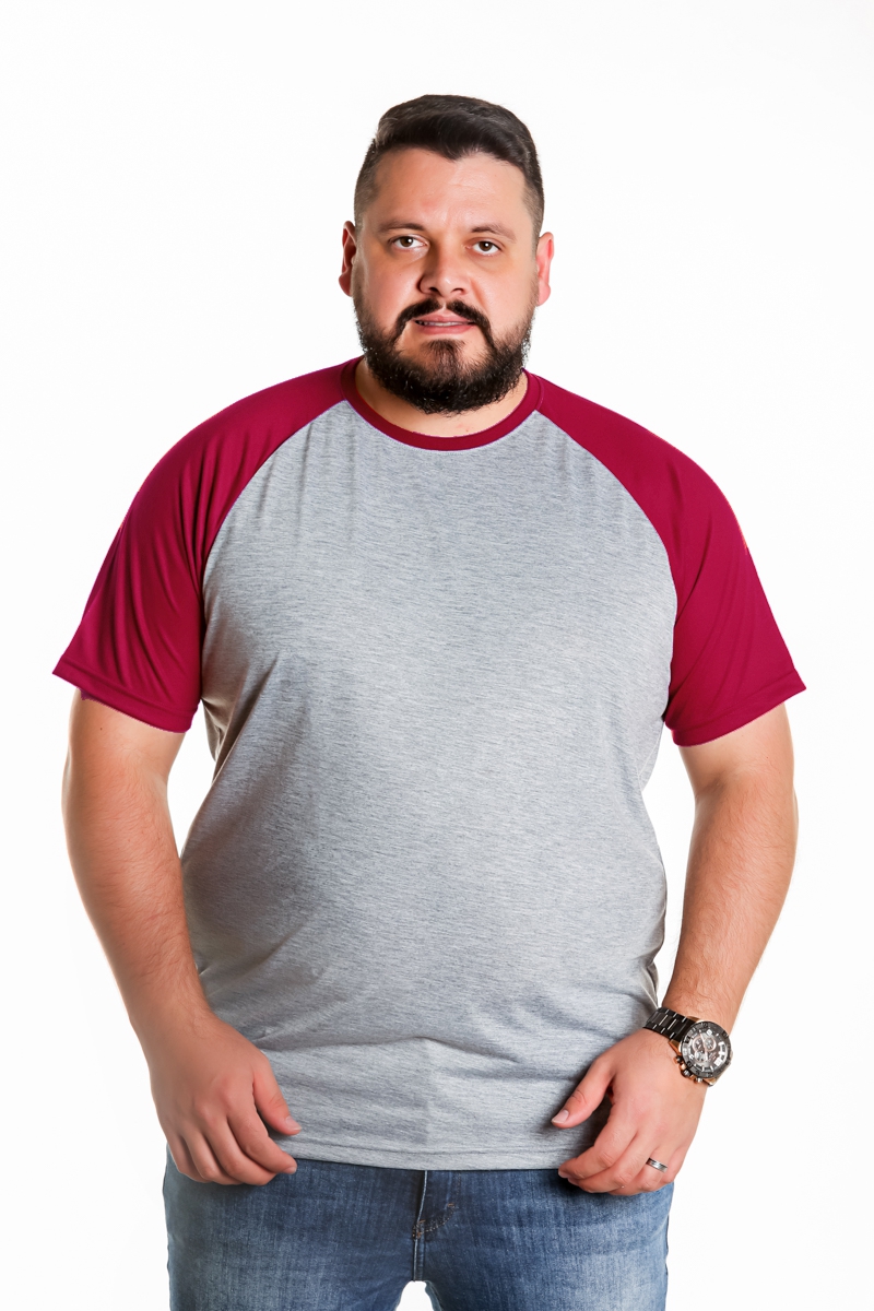 Camiseta Raglan Plus Size Cinza Mescla Com Manga Azul Royal