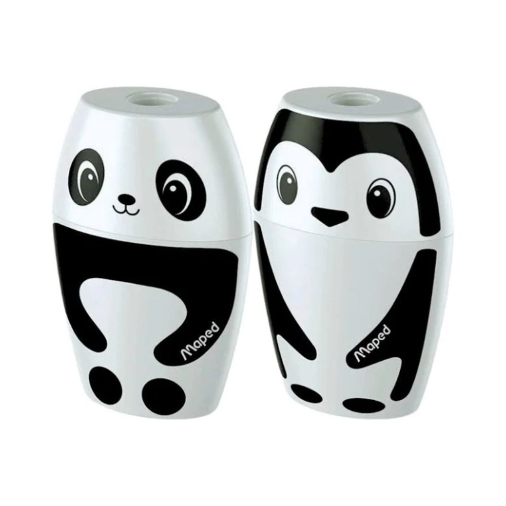 Maped Shaker Temperamatite Con Contenitore, Design Panda E Pinguino, Confezione Da 25 Pezzi Misti