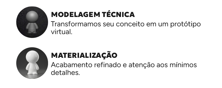 CURADORIA TÉCNICA Consultoria para projetos que já possuem  estrutura, mas precisam de viabilidade produtiva. CONCEPÇÃO E DESIGN Desenvolvemos sua ideia original.  MODELAGEM TÉCNICA Transformamos seu conceito em um protótipo  virtual.MATERIALIZAÇÃO Acabamento refinado e atenção aos mínimos  detalhes. 