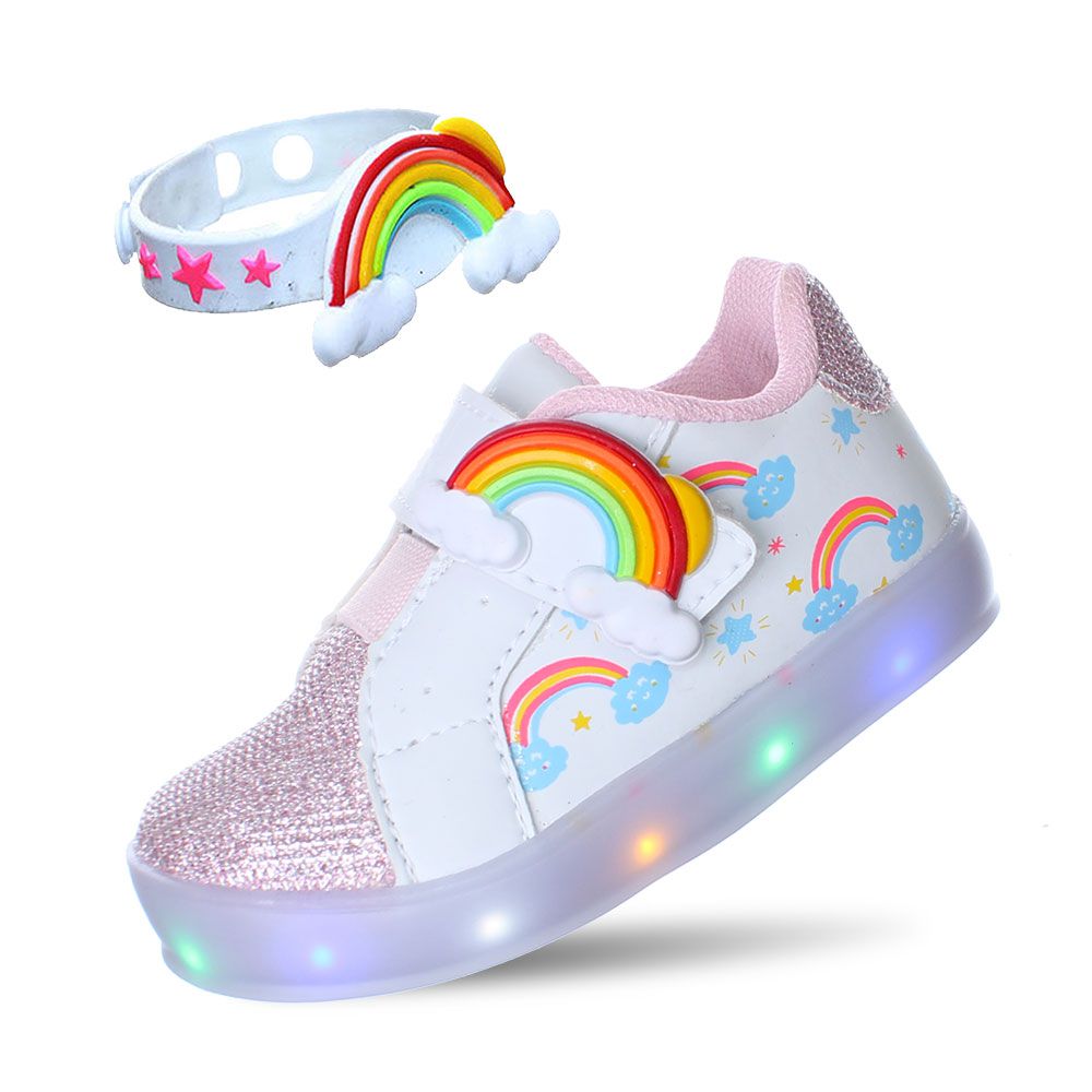 Tenis Luz Led Arco Iris Infantil Menina Com Pulseira Rosa