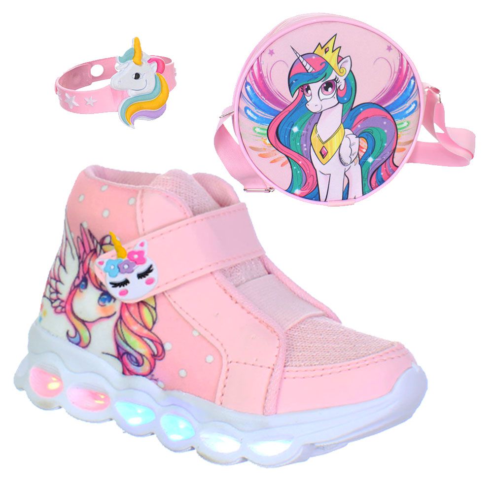 Kit Unicornio Tenis Calçado com Luz Pisca Led Infantil Pemania