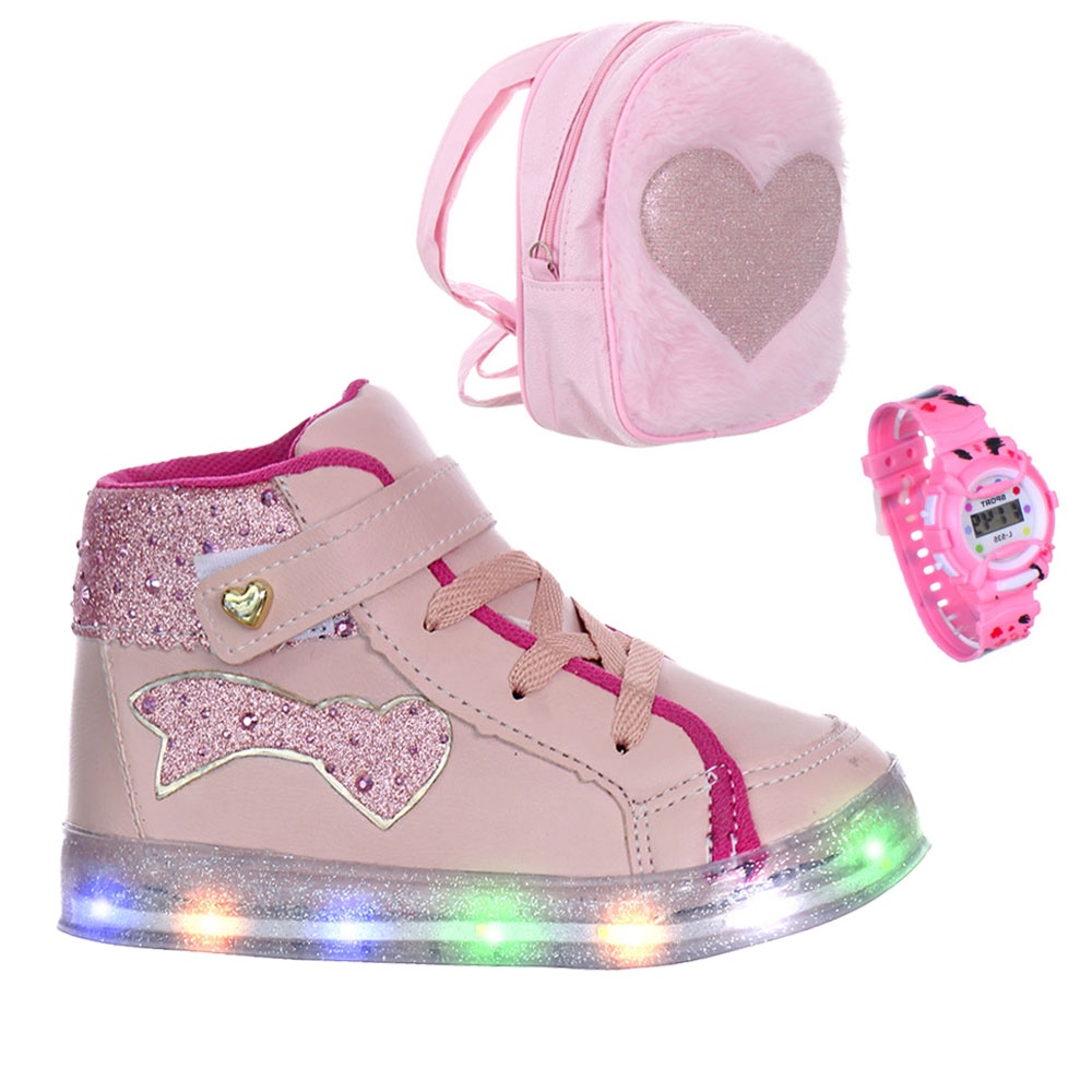 Kit Bota Infantil Feminino Luz Led Coração Mais Relógio Nude