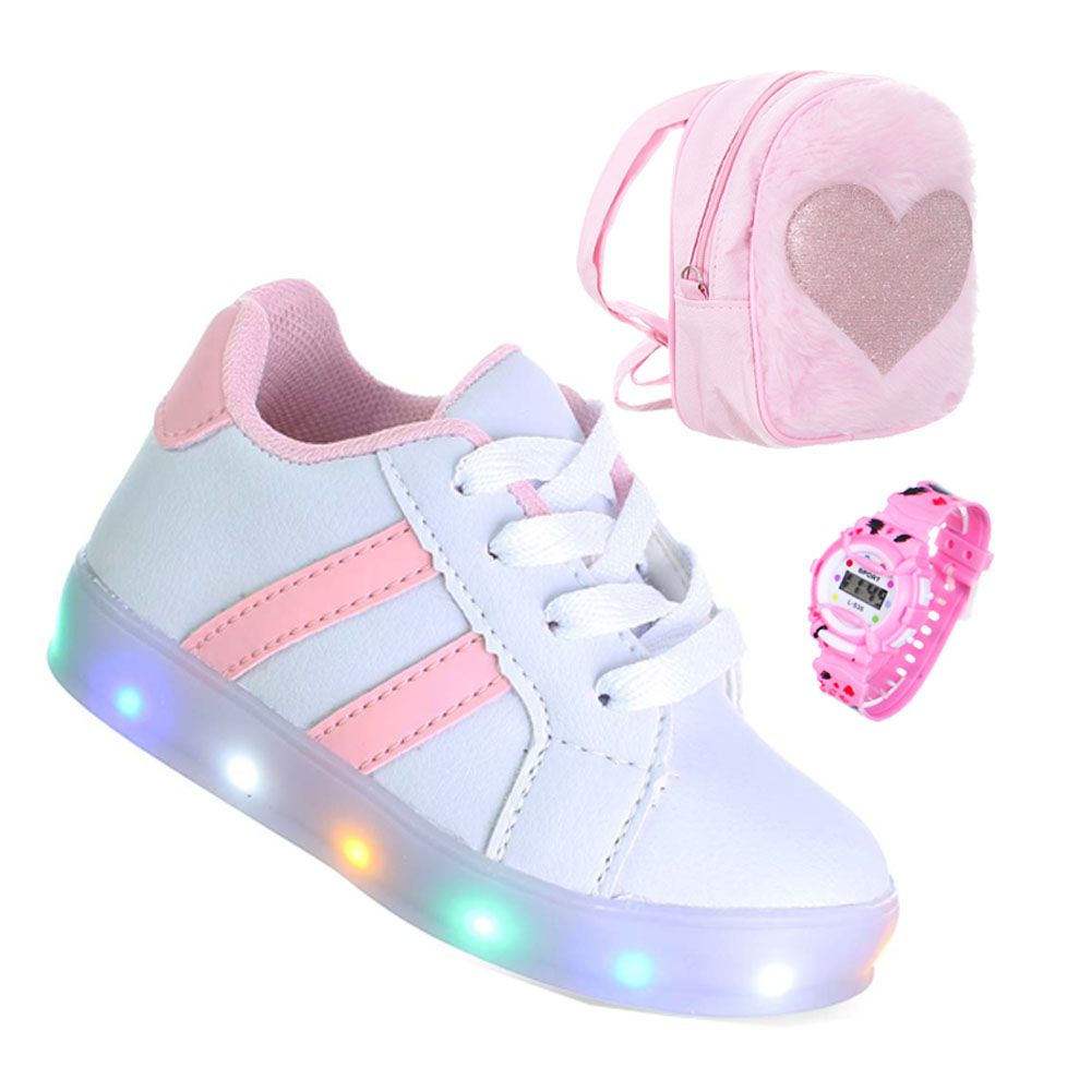 Kit Tenis Infantil Feminino Com Luz Led Mochila E Relógio Menina