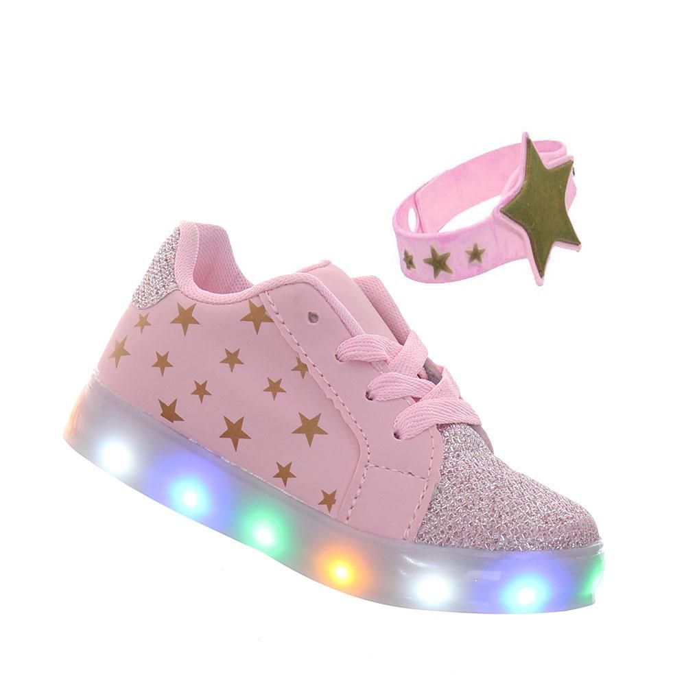 Tenis Com Luz De Led Estrela Rosa Glitter Infantil Juvenil Meninas
