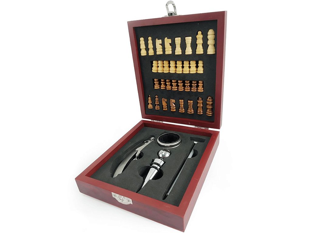 Kit Saca Rolha Abridor de Vinho Profissional e Acessórios Premium +  Tabuleiro e Peças Xadrez - Estojo Madeira Alto Brilho