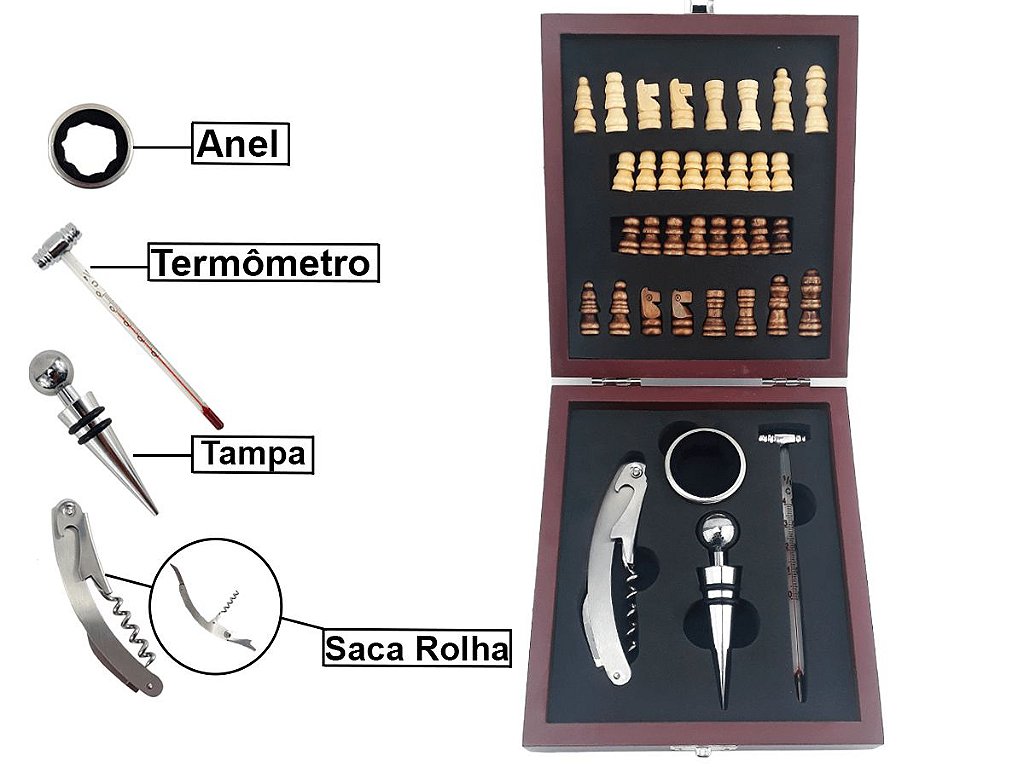 Kit Saca Rolha Abridor de Vinho Profissional e Acessórios Premium +  Tabuleiro e Peças Xadrez - Estojo Madeira Alto Brilho