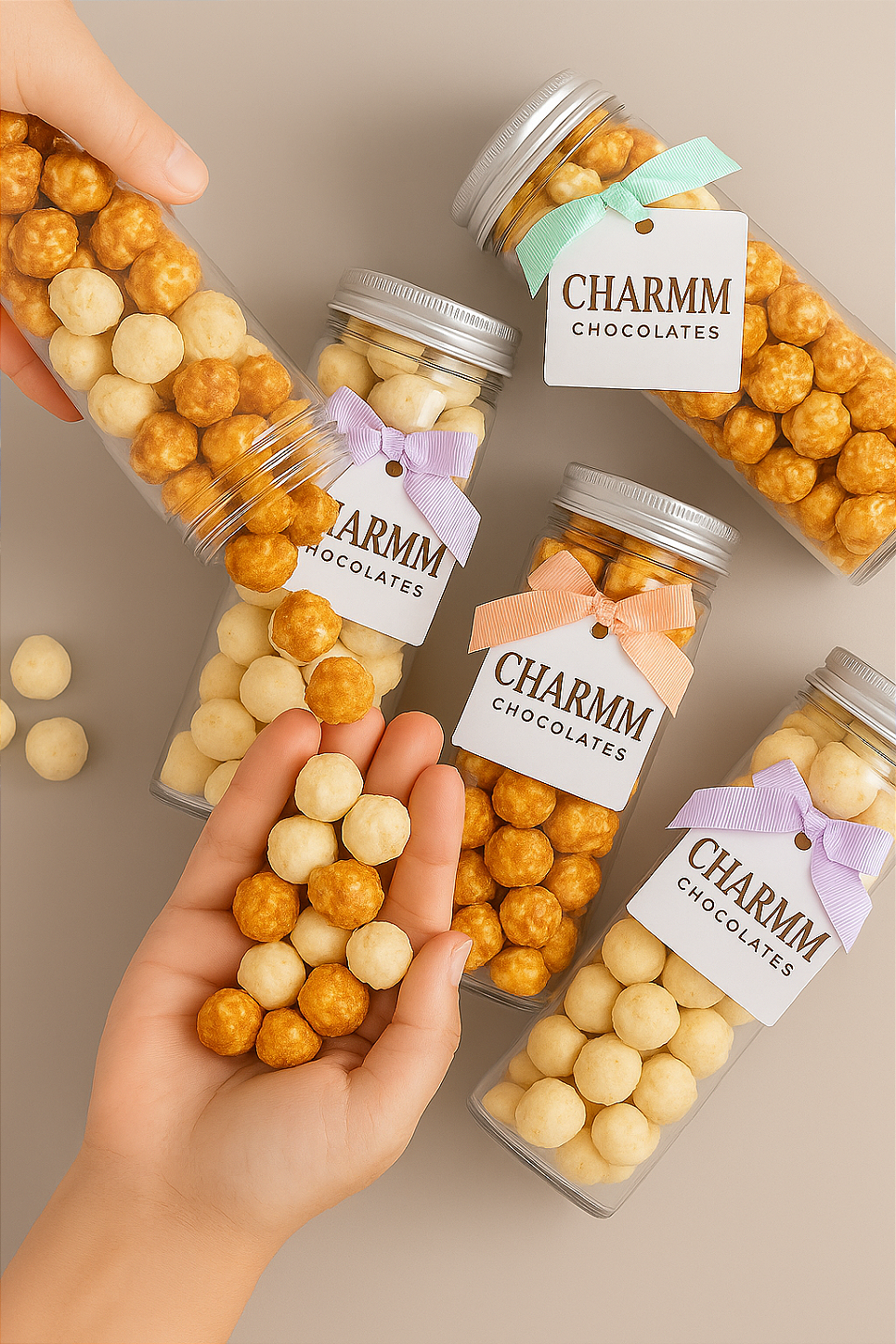 Pipocas gourmet corporativas personalizadas no tubo de vidro com laço e logo da Charmm Chocolates – brindes para empresas.