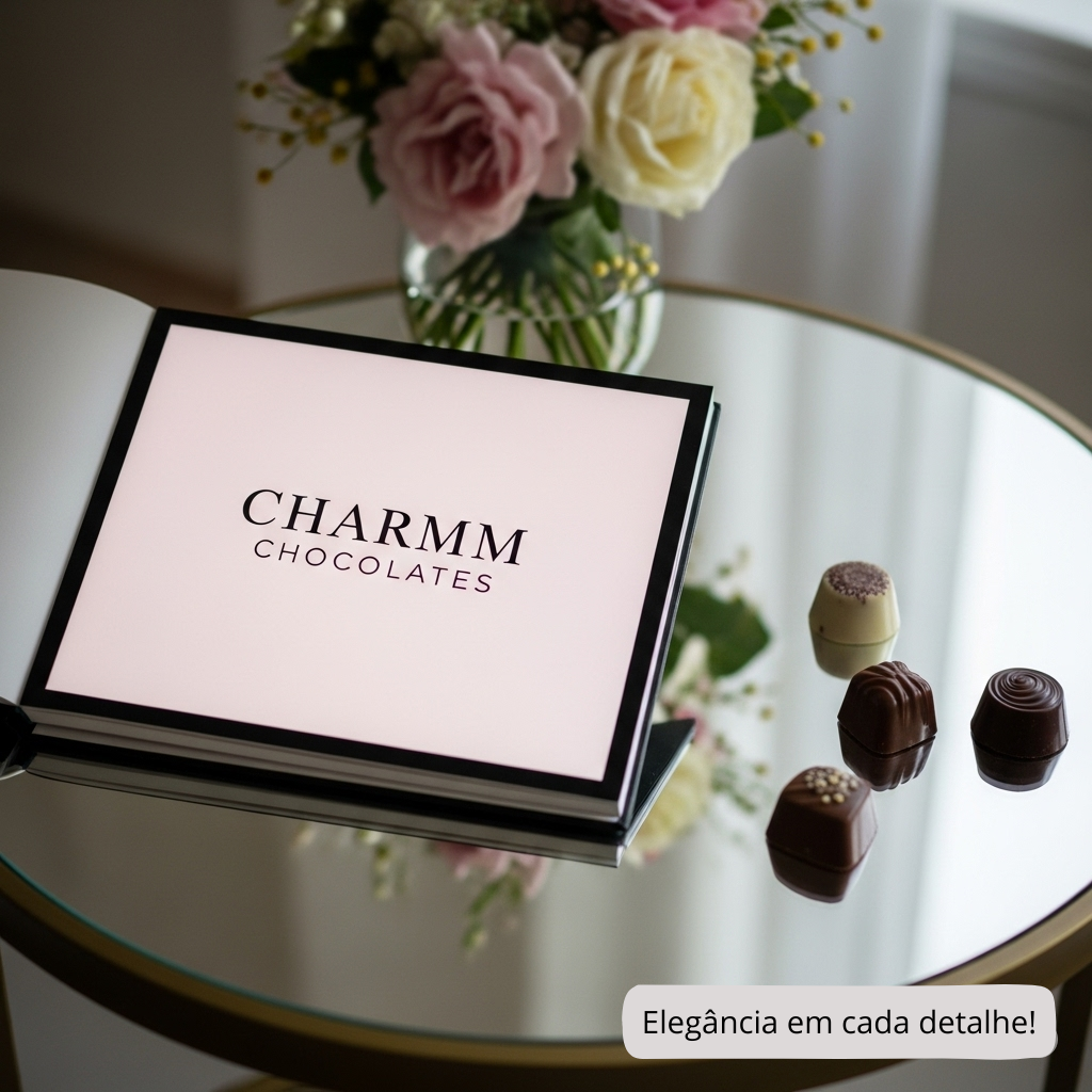 Brigadeiros Charmm Chocolates em bandeja espelhada com arranjo de flores e café ao fundo, representando uma pausa agradável para tirar dúvidas.