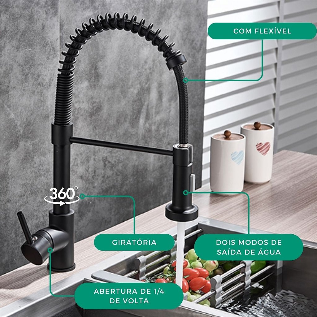 Torneira Bancada Mola Modelo Spring Preto Franci Metais e