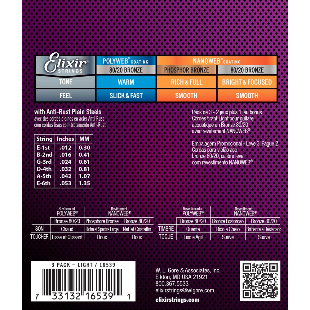Encordoamento Violão Elixir 012-053 Light Bronze 80/20 Nanoweb