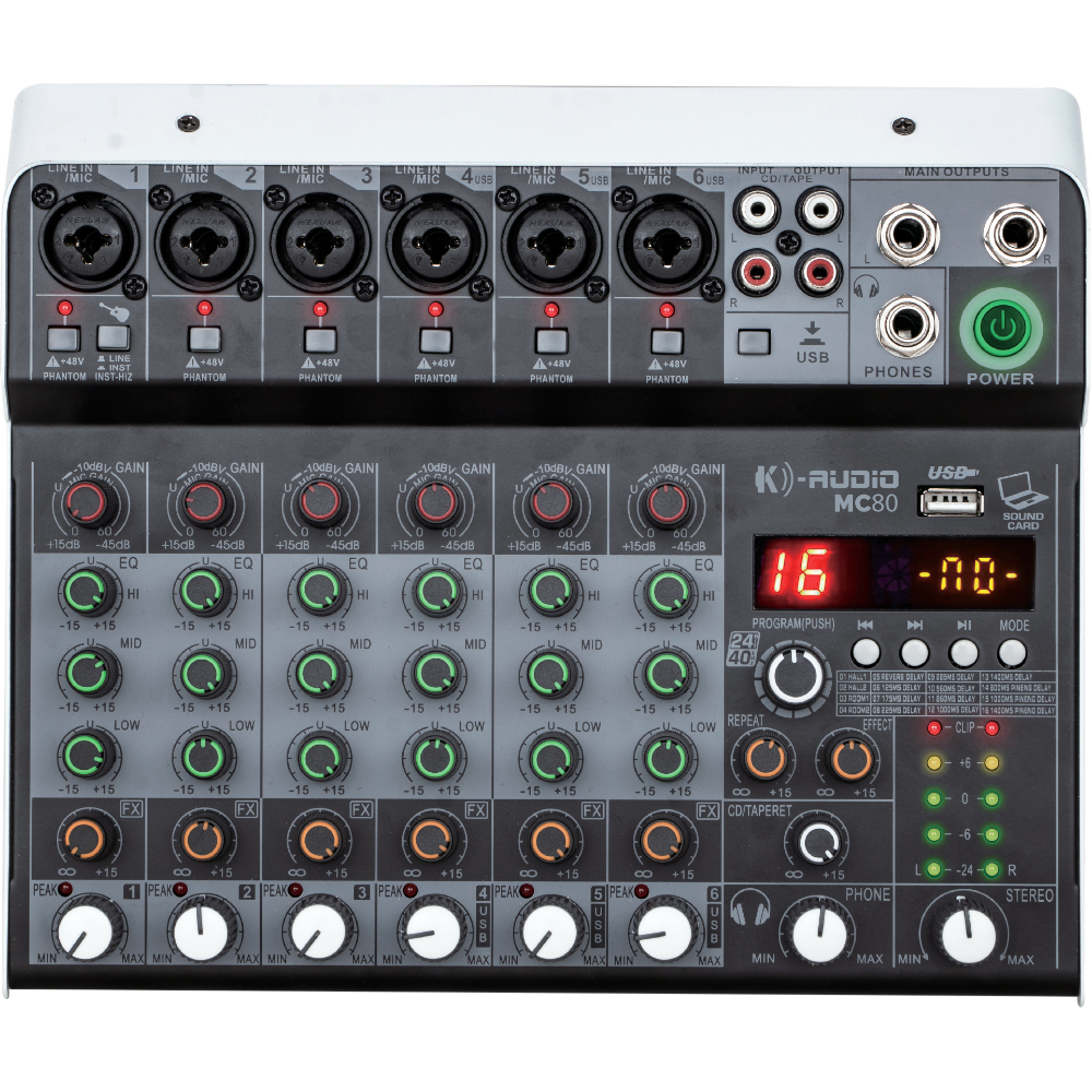 Mesa de Som K-Audio MC 80 - mixer analógico 8 canais c/ efeitos