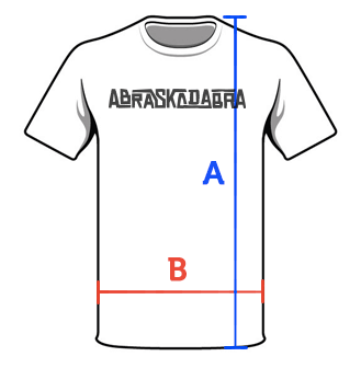 Ilustração de uma camiseta com a indicação das medidas: A (altura) e B (largura)
