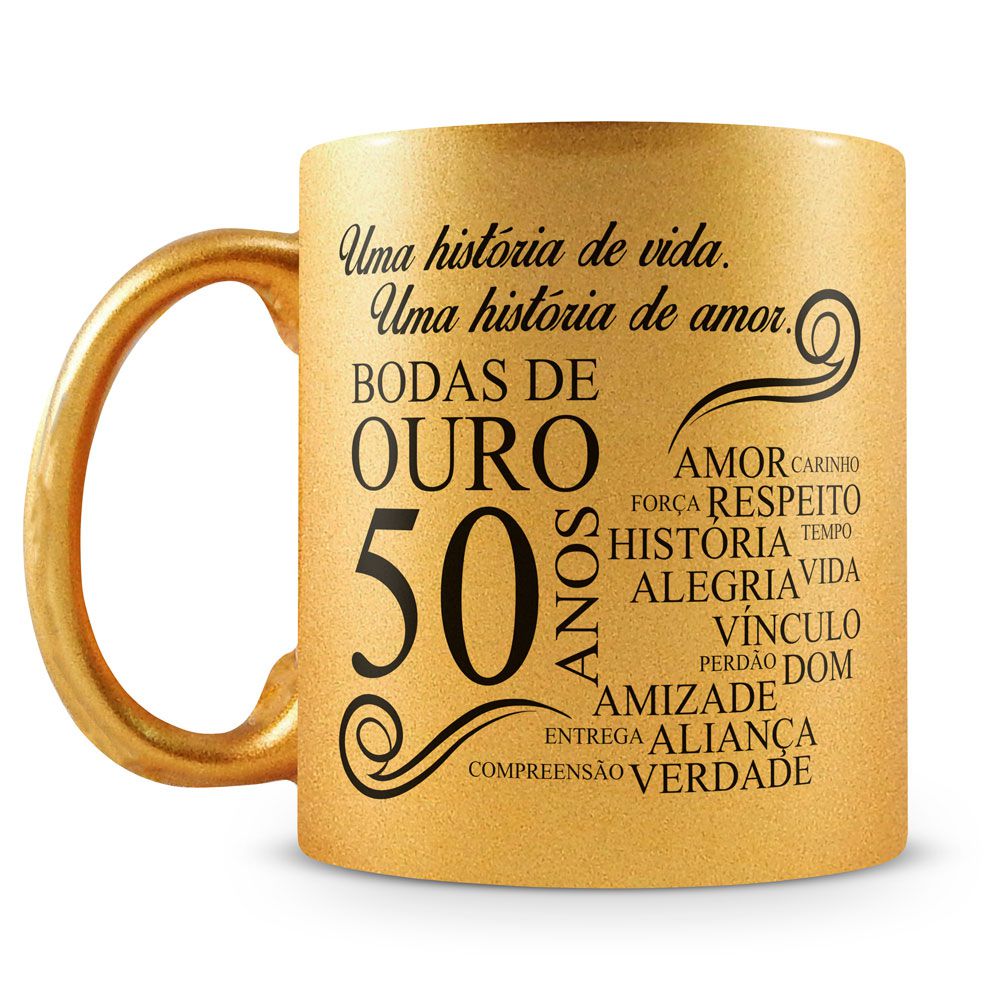 Caneca Perolada Dourada - Bodas de Ouro (Com Nome) - Caneca Personalizada  para Todas as Ocasiões!