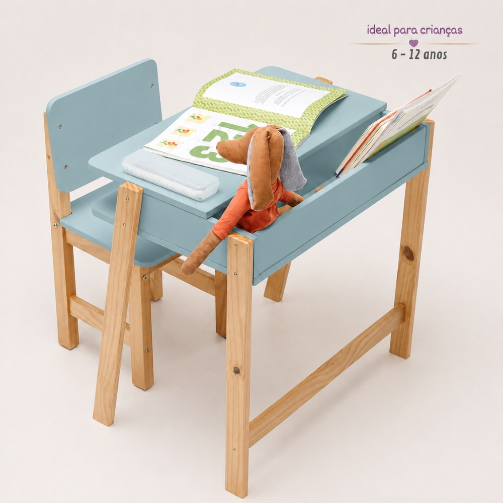 Conjunto Escrivaninha e Cadeira Montessoriana Juvenil Azul