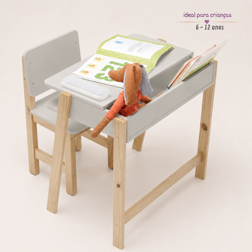Conjunto Escrivaninha e Cadeira Montessoriana Juvenil Cinza Greige
