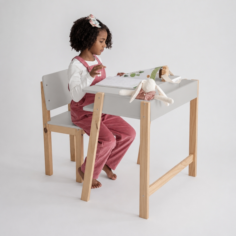 Conjunto Escrivaninha e Cadeira Montessoriana Juvenil Cinza Greige
