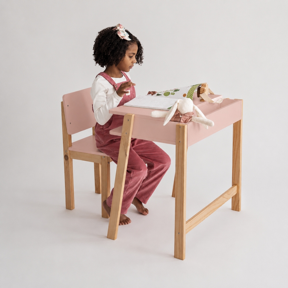 Conjunto Escrivaninha e Cadeira Montessoriana Juvenil Rosa Blush