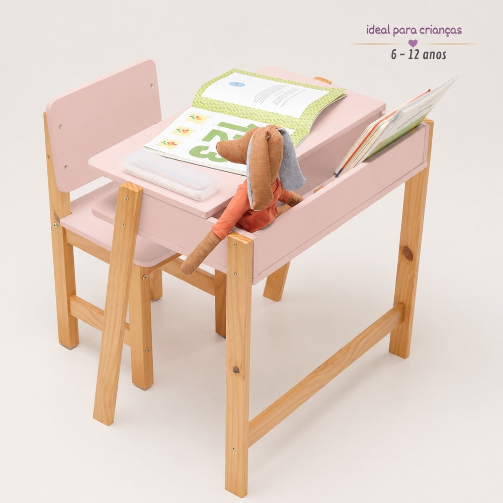 Conjunto Escrivaninha e Cadeira Montessoriana Juvenil Rosa Blush