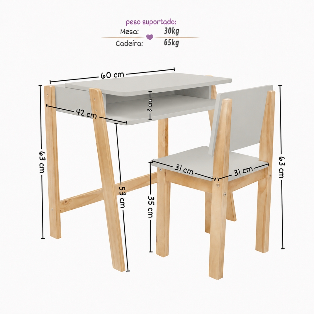Conjunto Escrivaninha e Cadeira Montessoriana Juvenil Cinza Greige