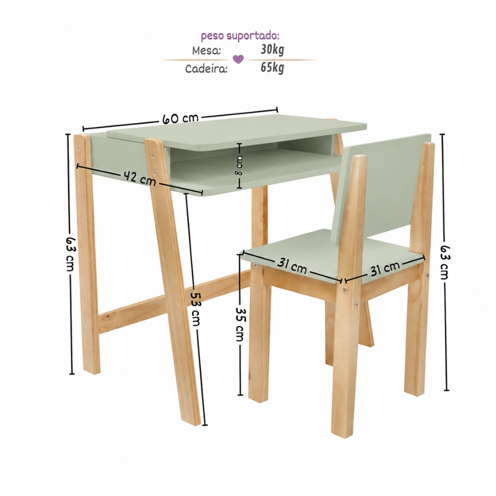 Conjunto Escrivaninha e Cadeira Montessoriana Juvenil Verde Oliva