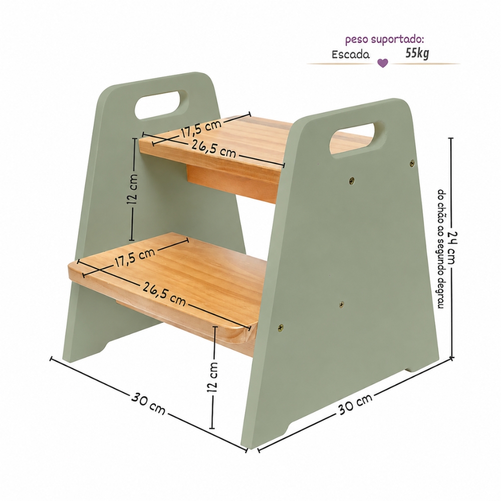 Dimensões Escadinha Infantil Montessori Verde Oliva