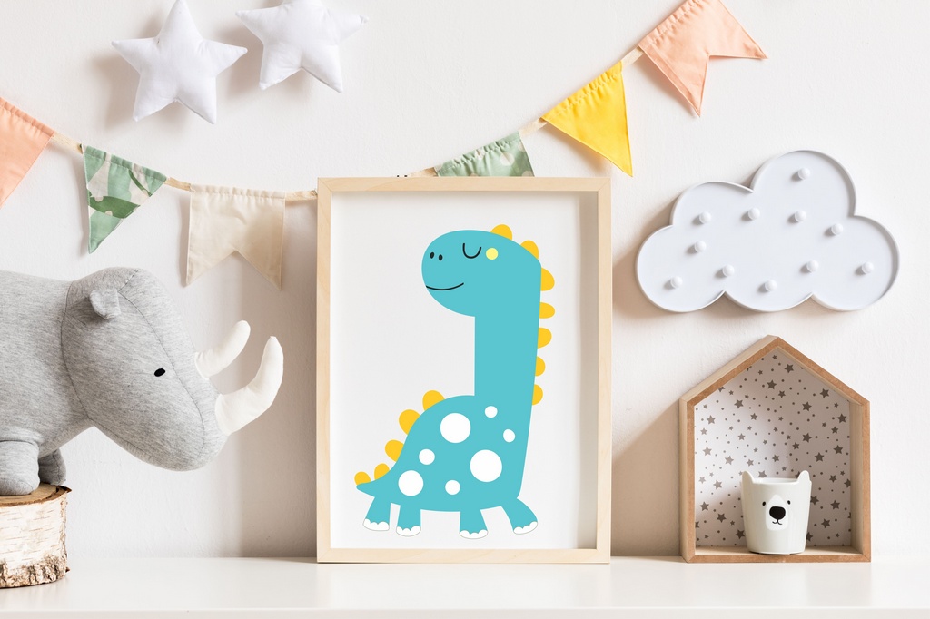 Quadro infantil desenho dinossauro azul DINO