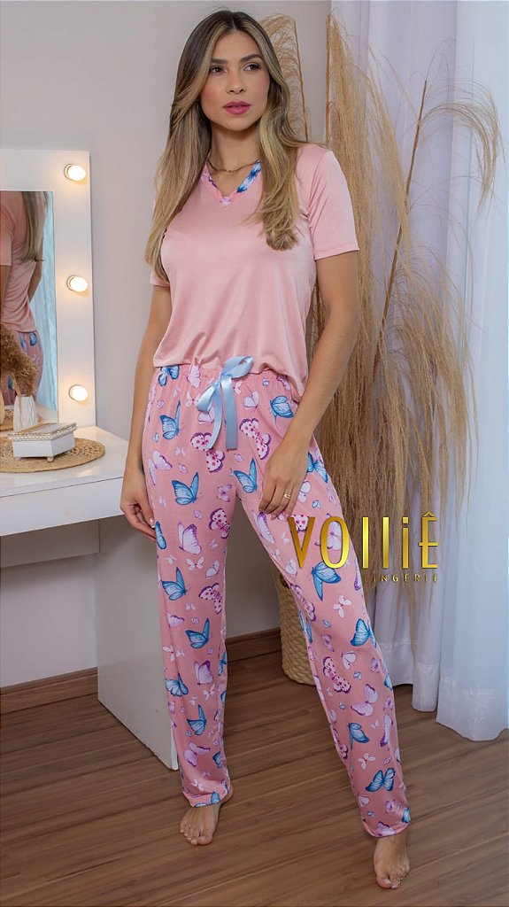Volliê Lingerie - Pijama liganete calça e blusa de manga curta - Volliê  Lingerie - moda íntima e pijamas de luxo com preço de fábrica