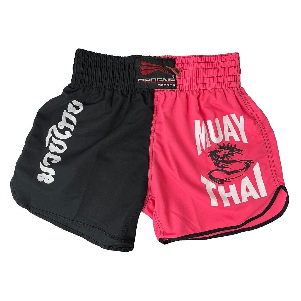 SHORT MUAY THAI FEMININO PRETO COM ROSA PROGNE