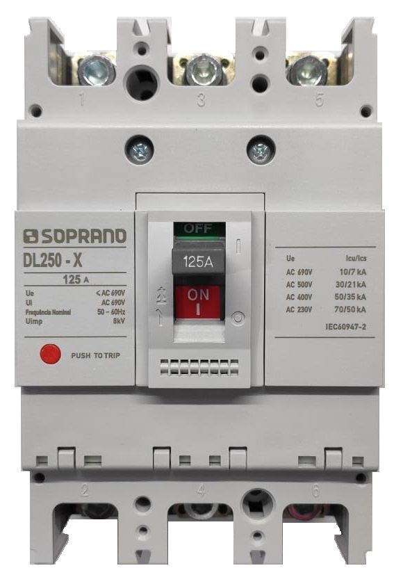 Disjuntor Caixa Moldada 125A 690V 3P Soprano DL250-X | Elétrica