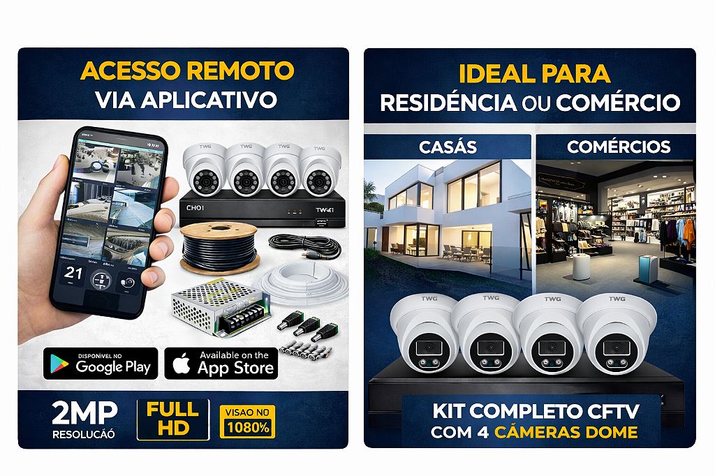 Kit 4 Câmeras TWG Dome 4x1 2MP + DVR 4 Canais | Kit CFTV Completo