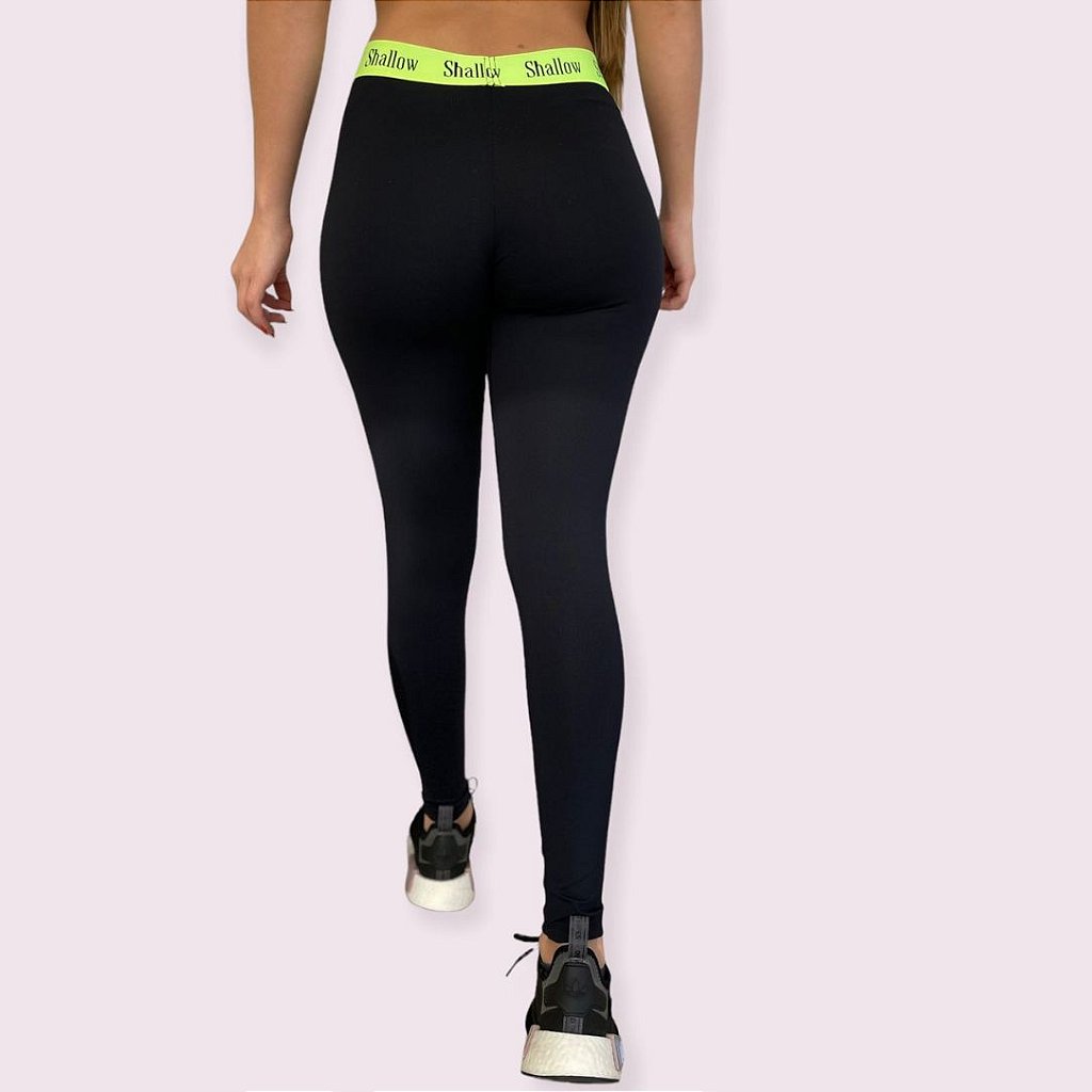 Legging Elastic Suplex Preto com Elástico Amarelo Neon Shallow