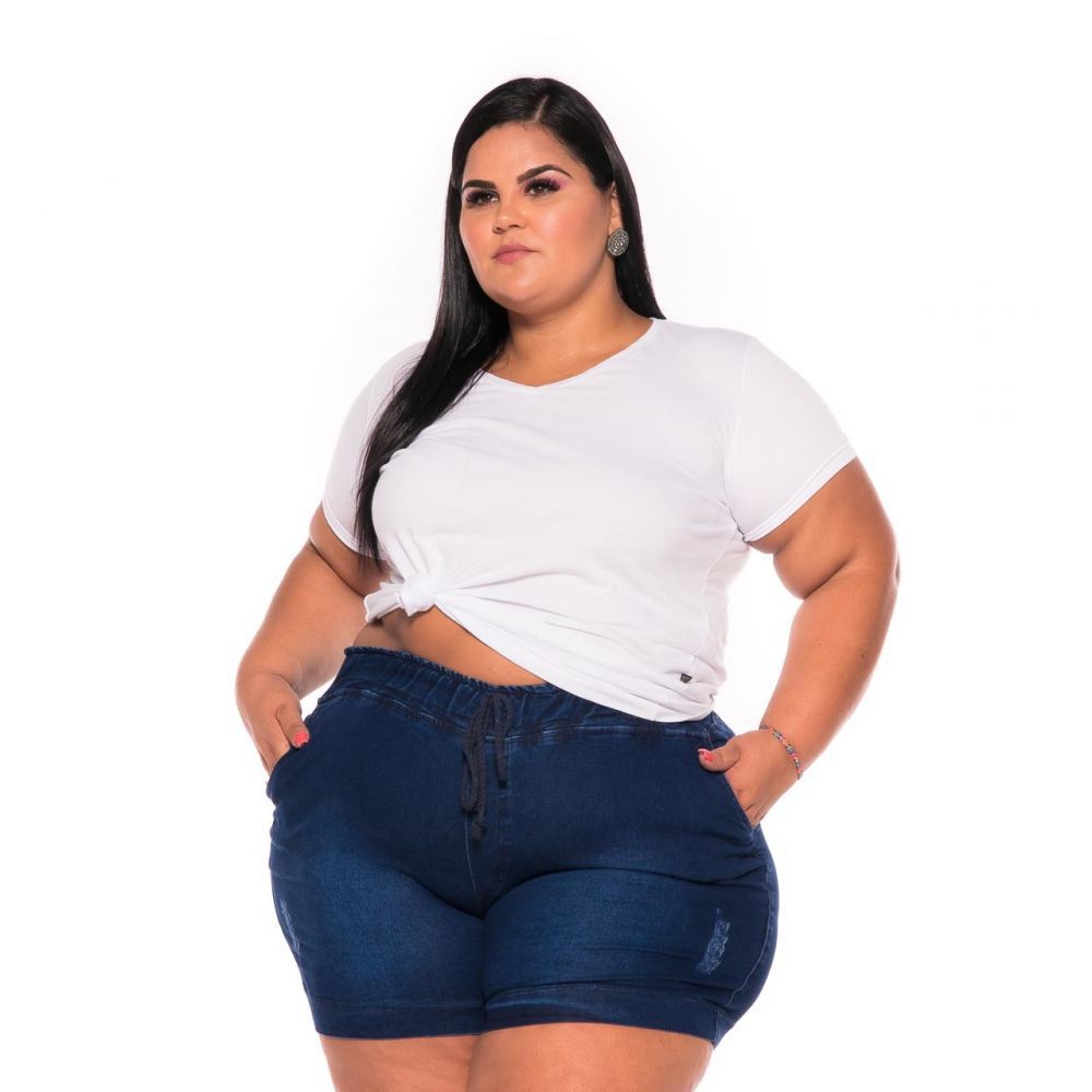 Short Jeans Jogger com Elástico na Cintura e Cordão Feminino Plus Size 44  ao 60 3219 - VESTGRANDE Moda Plus Size