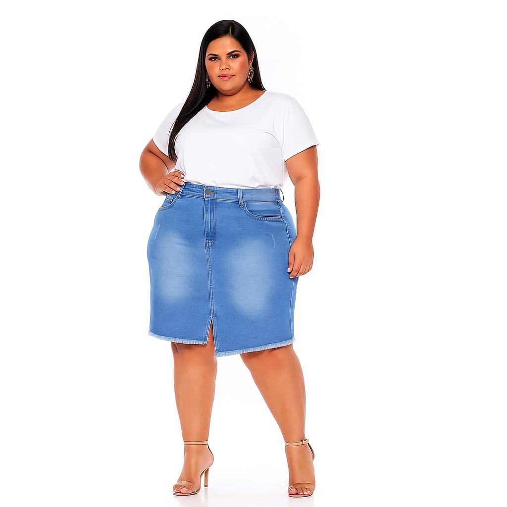 Saia Secretaria Jeans Stretch Feminina Plus Size Pequenos Defeitos