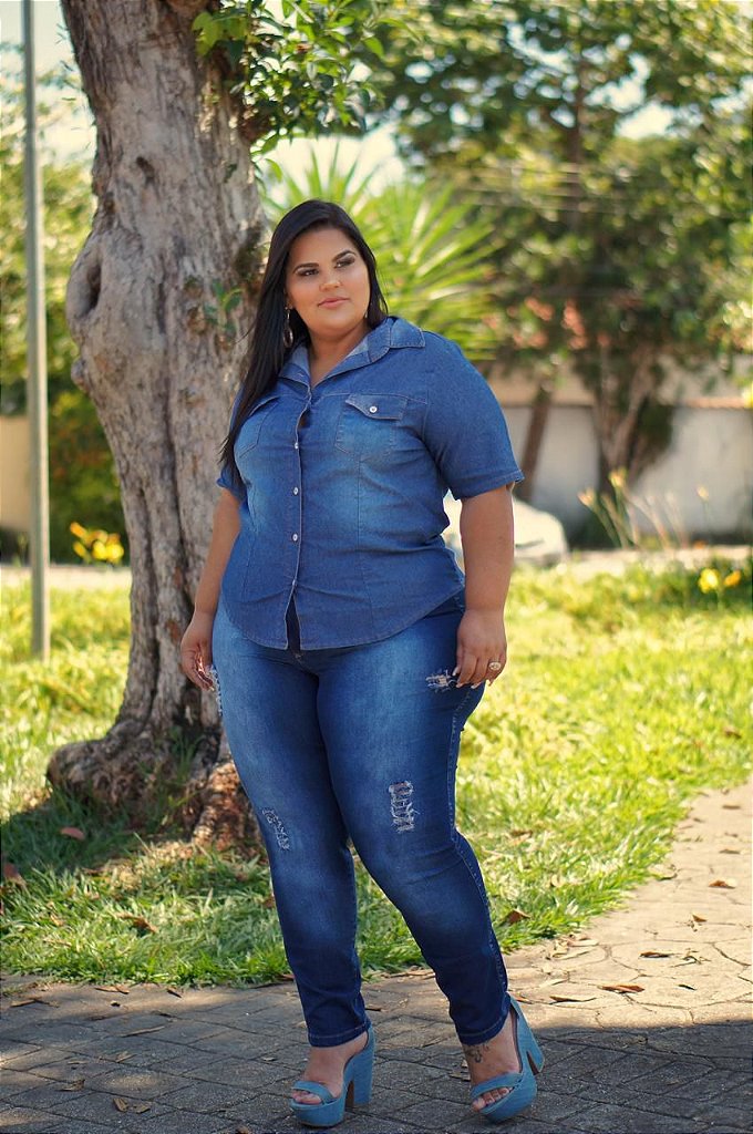 Calça Jeans Stretch Rasgada Feminina Plus Size 3129