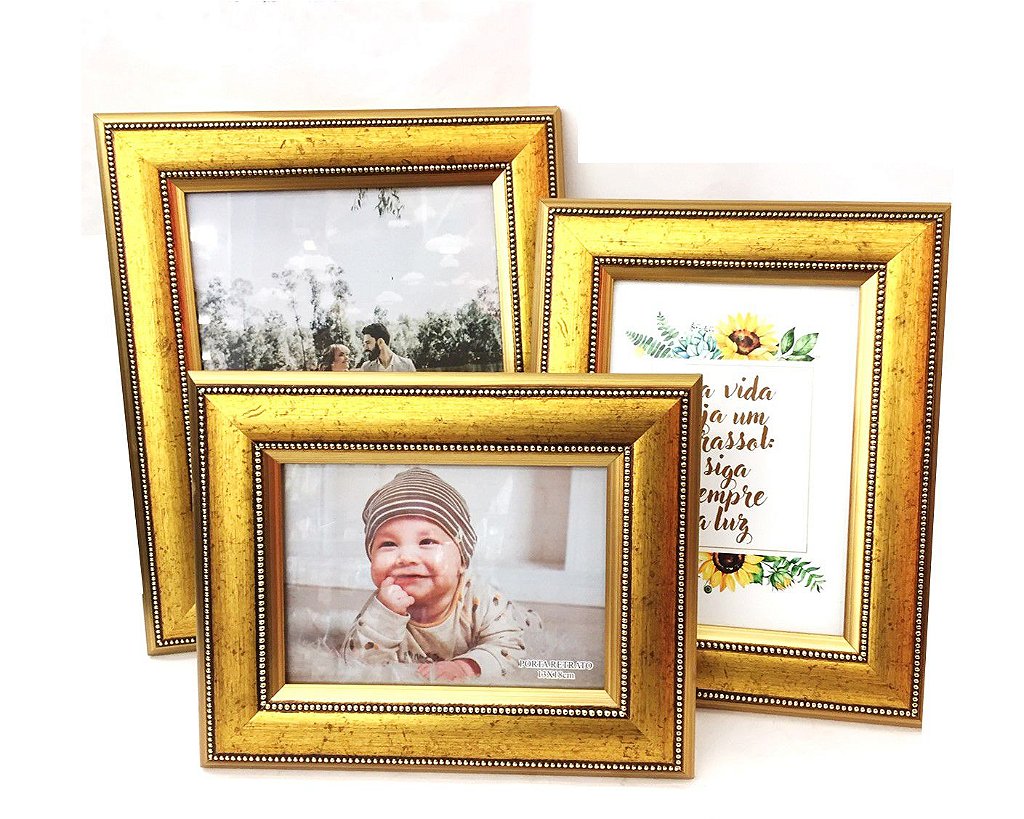 Porta Retrato com Moldura Moderna Dourado Decorativo Foto Sala Com Vidro