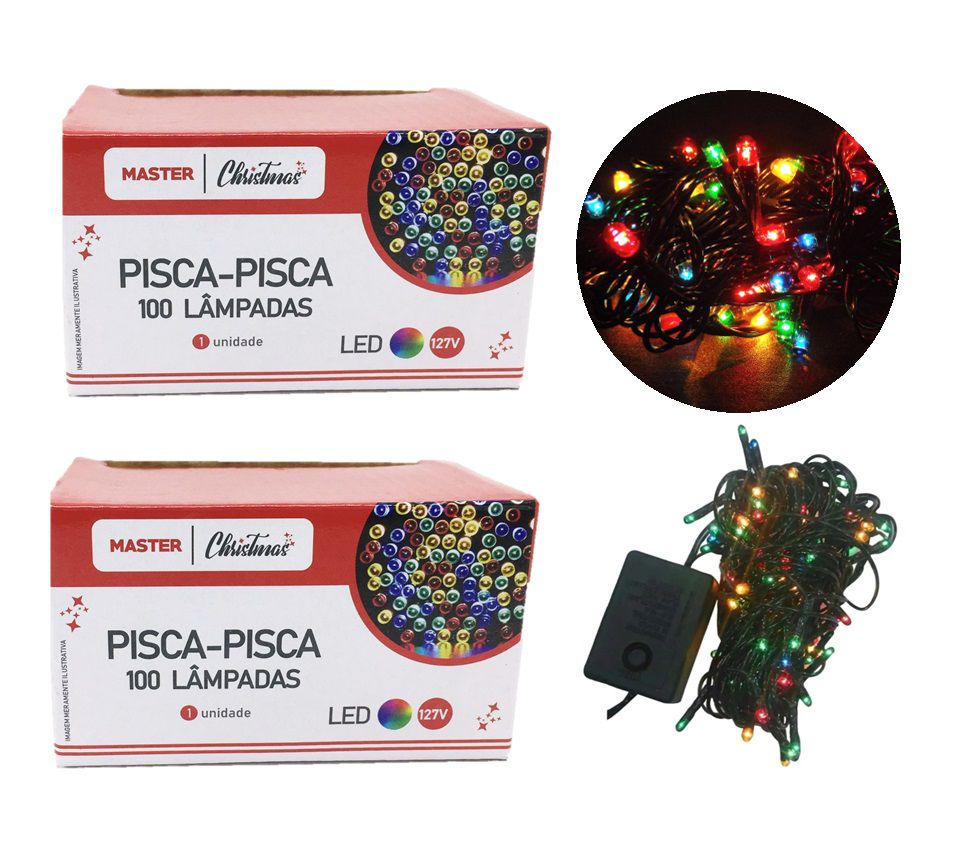 Kit 2 Pisca Pisca 100 Lâmpadas LED Colorido 8 Funções 127V - Mundial Casa e  Presentes