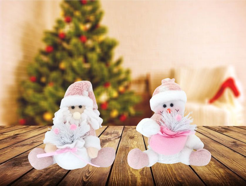 Jogo Papai Noel e Boneco de Neve Sentado Rosê Luxo Gorrinho e
