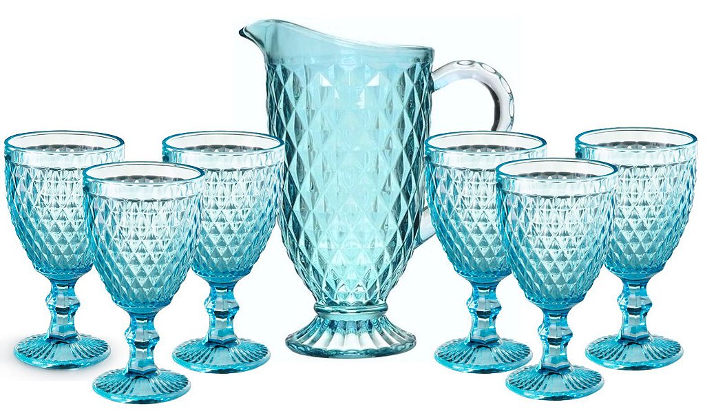 Jogo Jarra 1,2 Litros com 6 Taças Azul Tiffany 240ml Vidro Bico de Abacaxi  - Mimo Style - Mundial Casa e Presentes