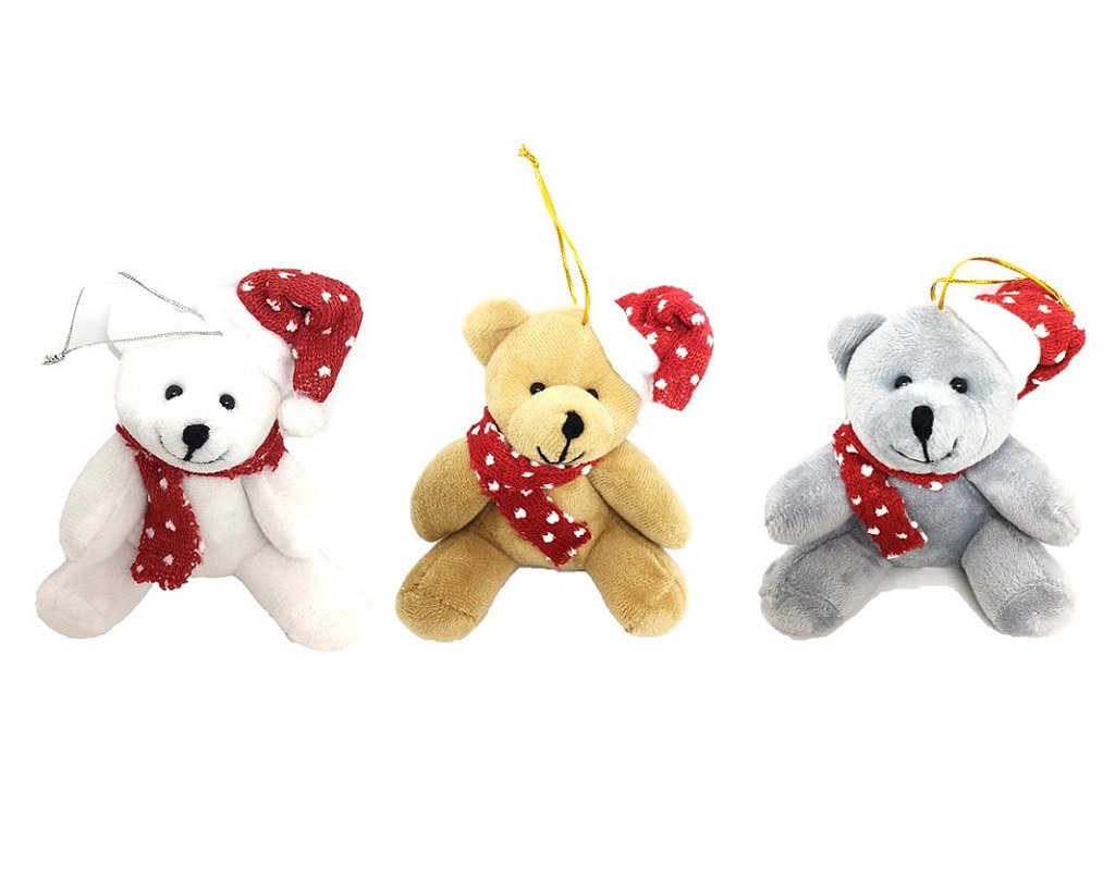 Jogo Mini Urso Pelúcia Natal Gorrinho e Cachecol 12cm 3 Pç